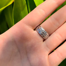 Load image into Gallery viewer, Hibiscus with leaves 8mm Raised Hawaiian &quot;Kuuipo&quot; Ring in 14K White Gold in size 9 3/8
