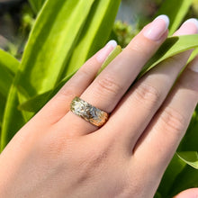 Load image into Gallery viewer, Maile and Hibiscus 8mm Hawaiian Ring with rope border in 14K Yellow Gold in size 8 

