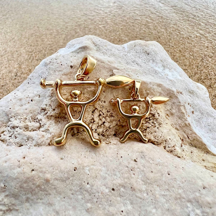 Large and Small Hawaiian Petroglyph Paddler Pendant in 14K Yellow Gold