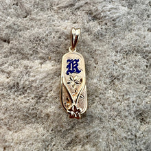 Load image into Gallery viewer, Slipper Pendant w/ Plumeria Flowers &amp; Cobalt Blue Initial K in 14K Yellow Gold
