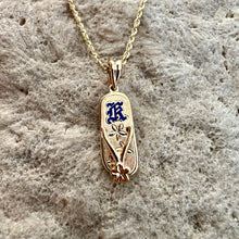 Load image into Gallery viewer, Slipper Pendant w/ Plumeria Flowers &amp; Cobalt Blue Initial K in 14K Yellow Gold
