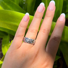 Load image into Gallery viewer, Plumeria with Leaves All Around 8mm Hawaiian Ring in 14K White Gold in size 7 3/4
