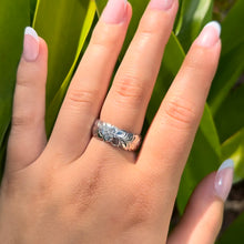 Load image into Gallery viewer, Scalloped Shiny Maile with Hibiscus &amp; Plumeria 8mm Hawaiian Ring in 14K White Gold in size 8 1/2
