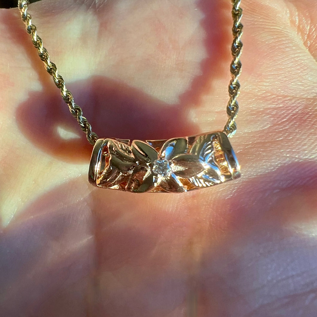 Single Plumeria Lei Filigree Pendant w/ Diamond in 14K Pink Gold