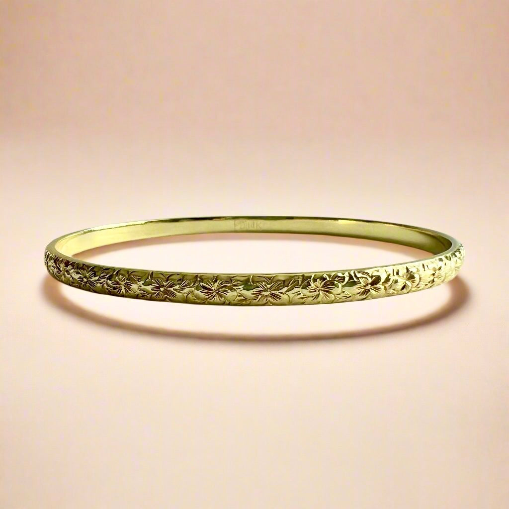 Hibiscus & Plumeria w/ Leaves 4mm Bangle Bracelet in 14K Green Gold