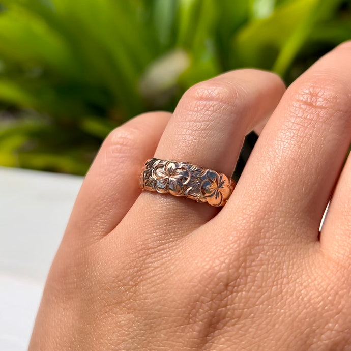 Scalloped Plumeria with Leaves 8mm Hawaiian Ring in 14K Pink Gold in size 8