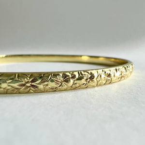 Hibiscus & Plumeria w/ Leaves 4mm Bangle Bracelet in 14K Green Gold