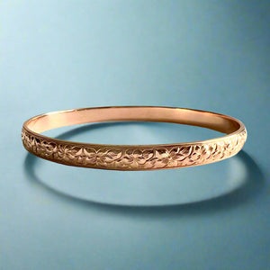 Hibiscus & Plumeria with Leaves 6mm Hawaiian Bangle Bracelet in 14K Pink Gold