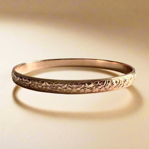 Hibiscus & Plumeria with Leaves 6mm Hawaiian Bangle Bracelet in 14K Pink Gold
