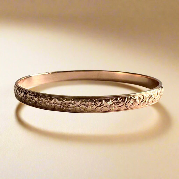 Hibiscus & Plumeria with Leaves 6mm Hawaiian Bangle Bracelet in 14K Pink Gold