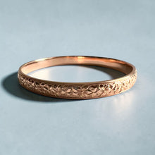 Load image into Gallery viewer, Hibiscus &amp; Plumeria with Leaves 6mm Bangle Bracelet in 14K Pink Gold in size 7 1/4
