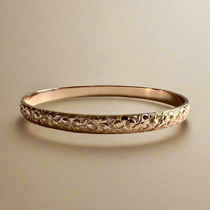 Plumeria with Leaves 6mm Bangle Bracelet in 14K Pink Gold