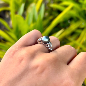Small Plumeria with Leaf Pearl Ring in 14K White Gold in size 5 5/8