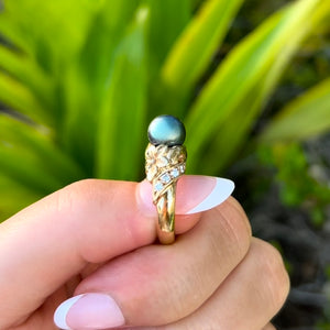 Plumeria with Slanted Bead Set Diamonds Black Pearl Ring in 14K Yellow Gold in size 4 1/2