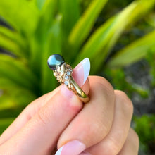 Load image into Gallery viewer, Plumeria with Slanted Bead Set Diamonds Black Pearl Ring in 14K Yellow Gold in size 4 1/2
