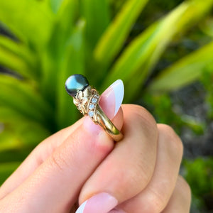 Plumeria with Slanted Bead Set Diamonds Black Pearl Ring in 14K Yellow Gold in size 4 1/2