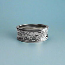 Load image into Gallery viewer, Concave Old English with Hibiscus &amp; Plumeria 8mm Ring in 14K White Gold in size 8
