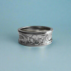 Concave Old English with Hibiscus & Plumeria 8mm Ring in 14K White Gold in size 8