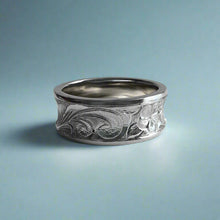 Load image into Gallery viewer, Concave Old English with Hibiscus &amp; Plumeria 8mm Ring in 14K White Gold in size 8
