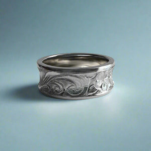 Concave Old English with Hibiscus & Plumeria 8mm Ring in 14K White Gold in size 8