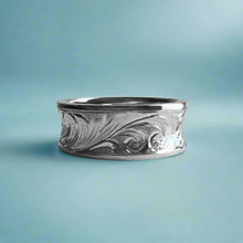 Load image into Gallery viewer, Concave Old English with Hibiscus &amp; Plumeria 8mm Ring in 14K White Gold in size 8
