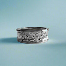 Load image into Gallery viewer, Concave Old English with Hibiscus &amp; Plumeria 8mm Ring in 14K White Gold in size 8
