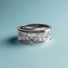 Load image into Gallery viewer, Concave Old English with Hibiscus &amp; Plumeria 8mm Ring in 14K White Gold in size 8
