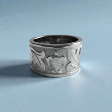 Load image into Gallery viewer, Raised Turtle with Old English 12mm Ring in 14K White Gold in size 7
