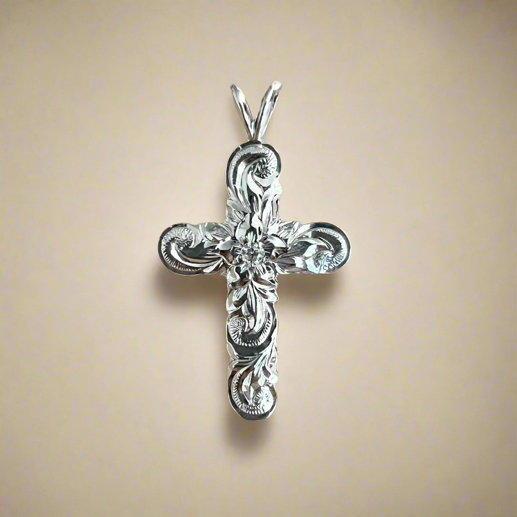 Medium Old English Scalloped 6mm Cross Pendant with Hibiscus & Diamond in 18K White Gold