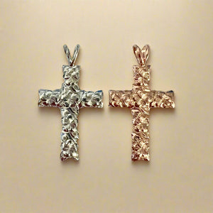 Medium Scalloped Plumeria 6mm Cross Pendant in 14K White Gold or Pink Gold