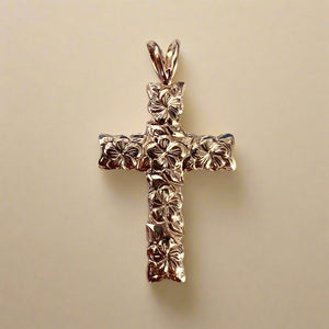 Medium Scalloped Plumeria 6mm Cross Pendant in 14K White Gold or Pink Gold