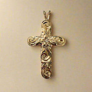 Large Old English Scalloped 8mm Cross Pendant with Hibiscus & Diamond in 14K Yellow Gold