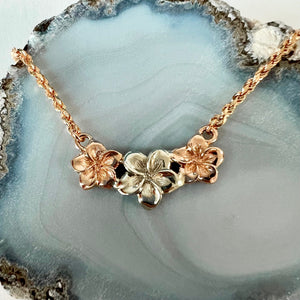 Two-tone 15" Three Plumeria Necklace in 14K Gold