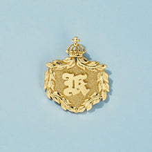 Load image into Gallery viewer, Front of Iolani Palace Cress Maile Pendant with Raised Initial &quot;K&quot; in 14K Yellow Gold
