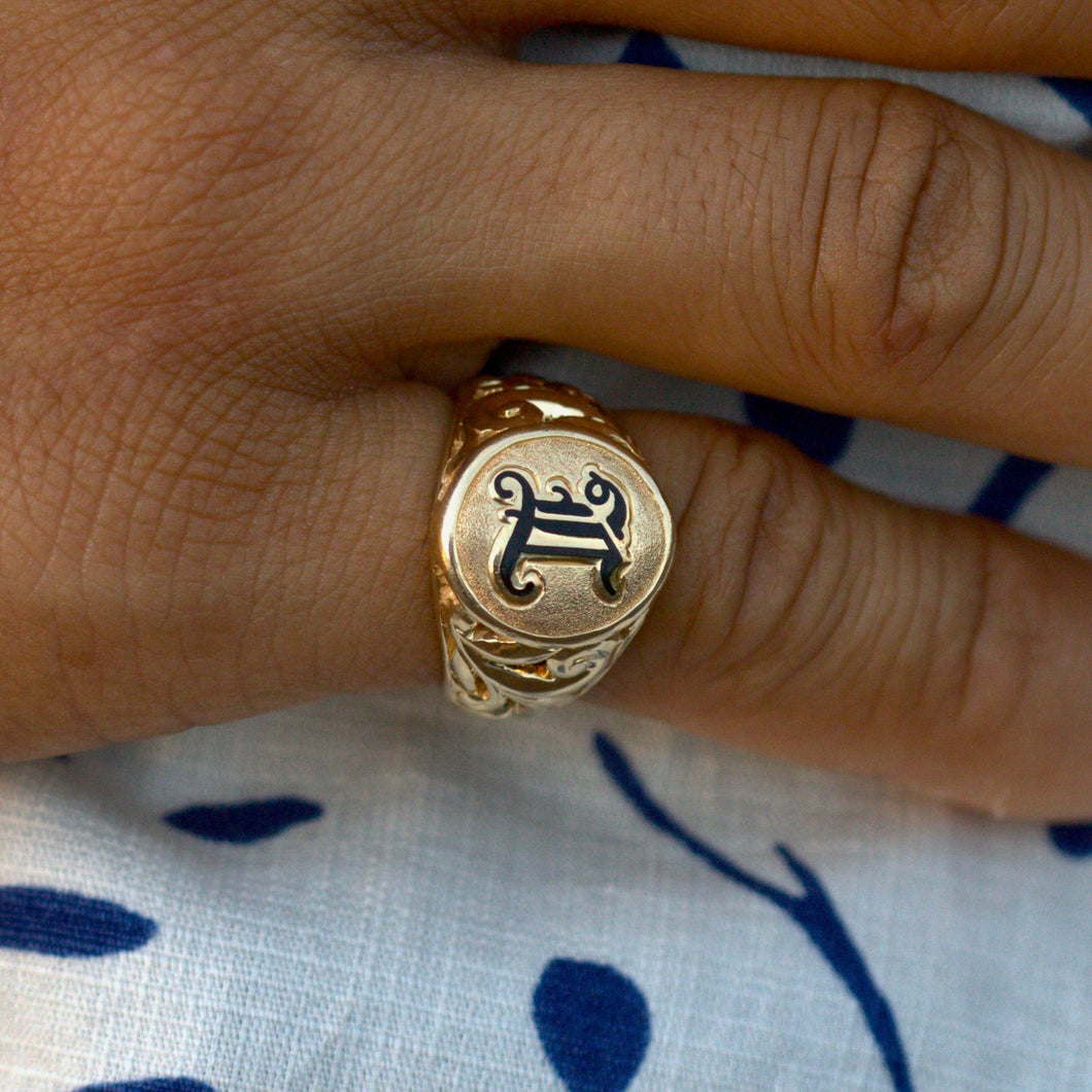 Engraved Oval Hawaiian signet ring with initial 