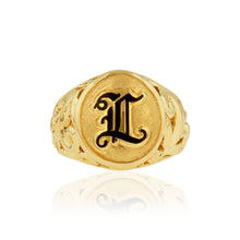 Load image into Gallery viewer, Oval Filigree Signet in 14K Yellow Gold w/ Initial L in Black Enamel

