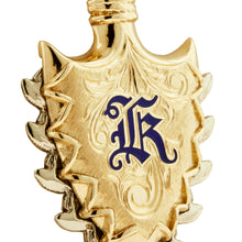 Load image into Gallery viewer, Large Lei O Mano (Hawaiian Shark Tooth Weapon) w/ Cobalt Blue Enamel Initial &quot;K&quot; in 14K Yellow &amp; White Gold
