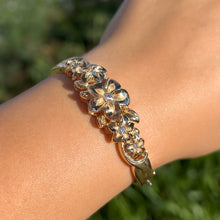 Load image into Gallery viewer, Medium Five Diamond Plumeria Hinge &amp; Clasp Hawaiian Bracelet in 14K Yellow Gold
