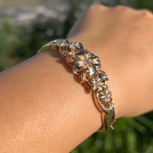 Load image into Gallery viewer, Medium Five Diamond Plumeria Hinge &amp; Clasp Hawaiian Bracelet in 14K Yellow Gold
