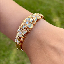 Load image into Gallery viewer, Large Five Diamond Plumeria Hinge &amp; Clasp Hawaiian Bracelet in 14K Yellow Gold
