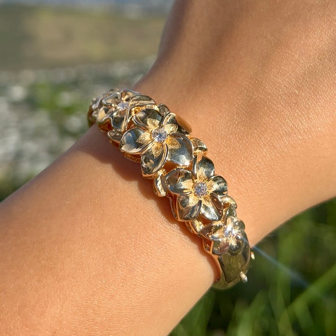 Large Five Diamond Plumeria Hinge & Clasp Hawaiian Bracelet in 14K Yellow Gold