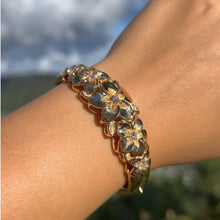 Load image into Gallery viewer, Large Five Diamond Plumeria Hinge &amp; Clasp Hawaiian Bracelet in 14K Yellow Gold

