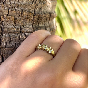 Three Small Plumeria Hawaiian Flower Ring in 14K Green Gold