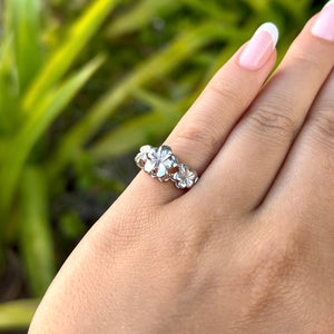 Scalloped Three Plumeria with Ridge Hawaiian Flower Ring in 14K White Gold