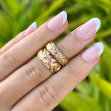 Load image into Gallery viewer, Tri-Color Scalloped 6mm &amp; 8mm Hibiscus &amp; Old English Hawaiian Rings in 14K Gold
