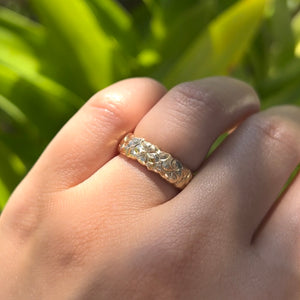 Scalloped Plumeria with Leaves All Around 6mm Ring in 14K Yellow Gold