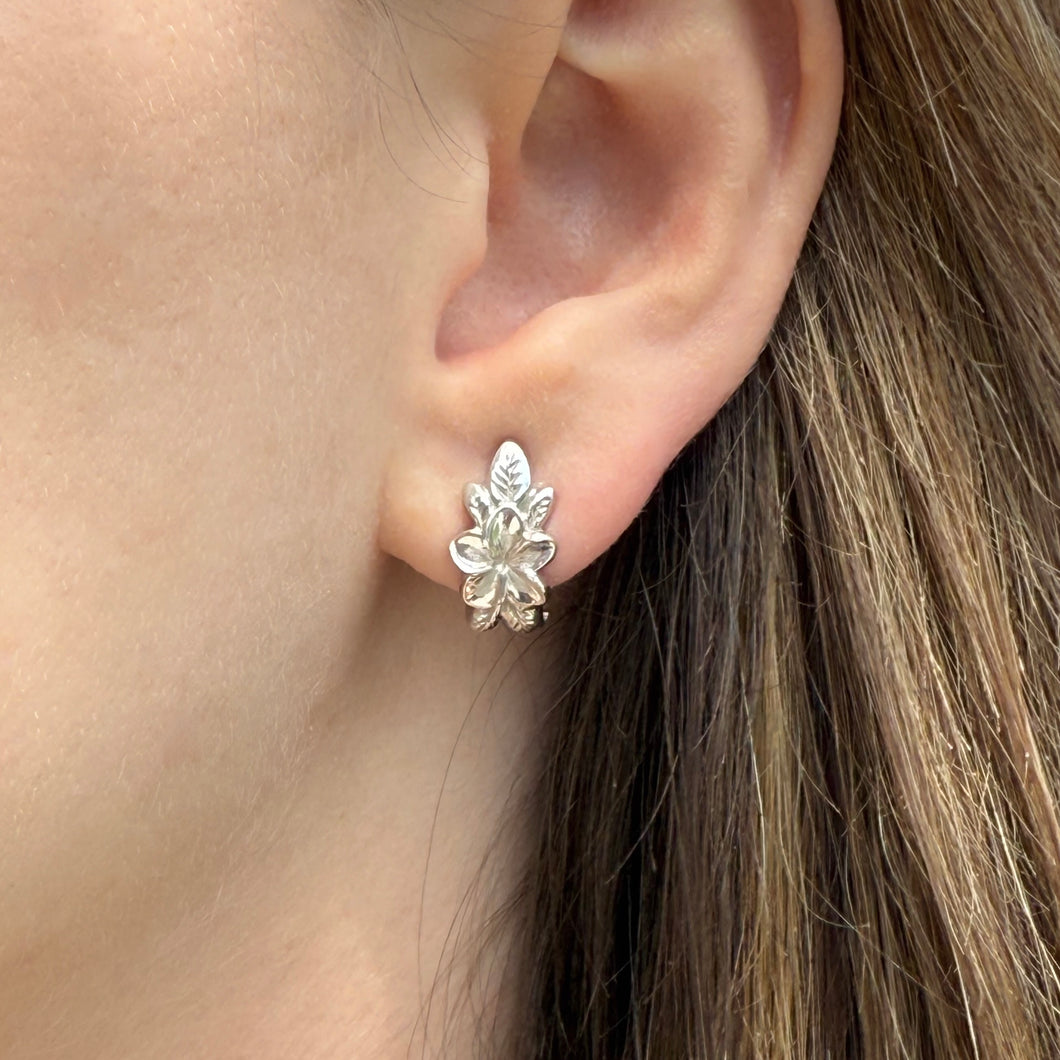 Plumeria with Leaves French Clip Earrings in 14K White Gold