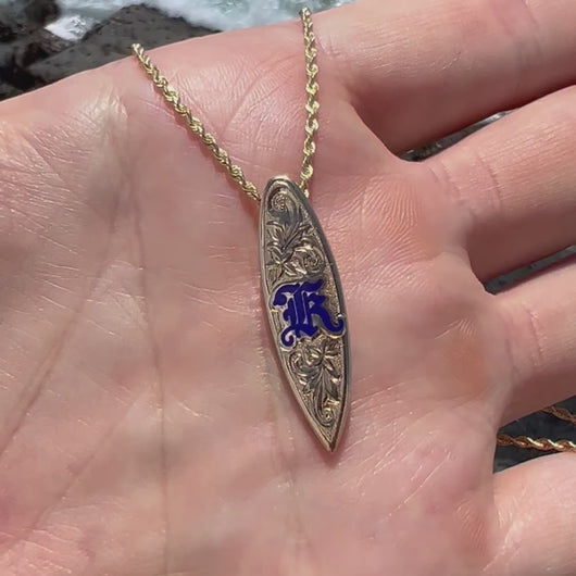 Engraved Surfboard Pendant with Initial on a chain