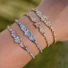 Load and play video in Gallery viewer, Three Plumeria Hawaiian ID Bracelets in 14K Gold
