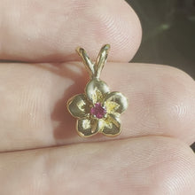 Load and play video in Gallery viewer, Hawaiian Plumeria pendant with ruby in gold
